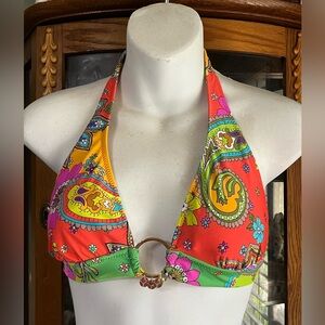 Trina Turk Summer Of Love Ring Halter Bikini Floral Paisley Top Only